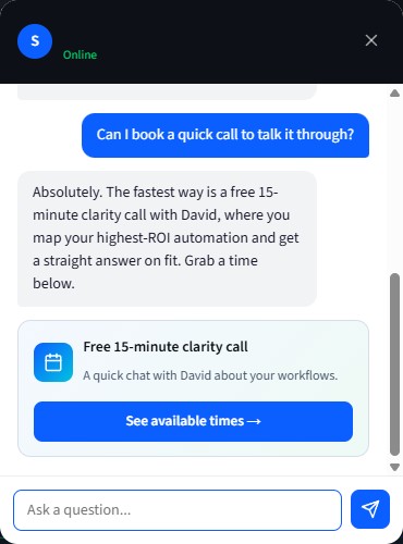 Website assistant booking a clarity call inline